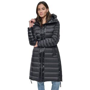 DKNY Jeans Women's Down Quilted Hooded Puffer Coat Black Size L MSRP $229